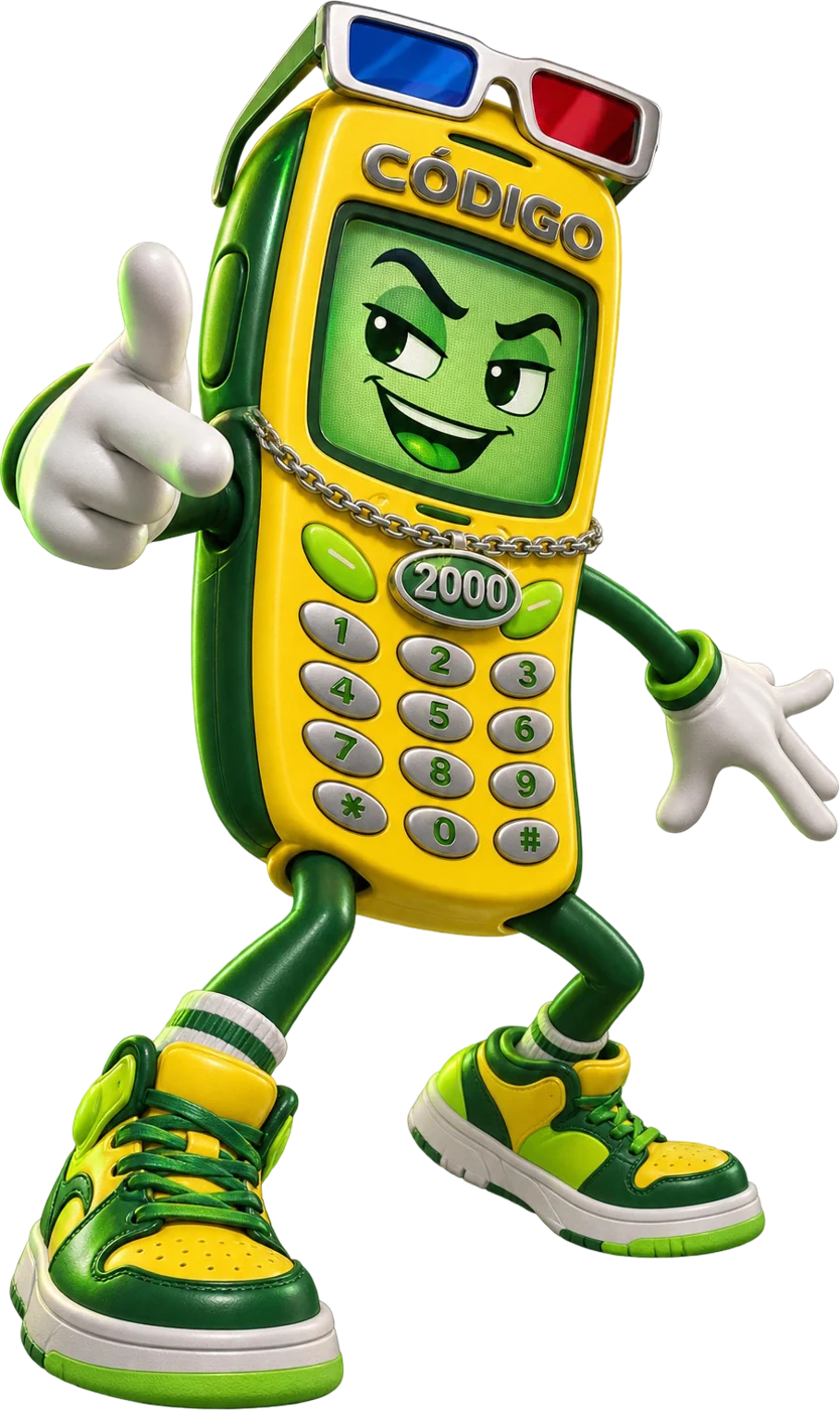 Noki, la mascota del evento: un celular amarillo y verde con gafas 3D